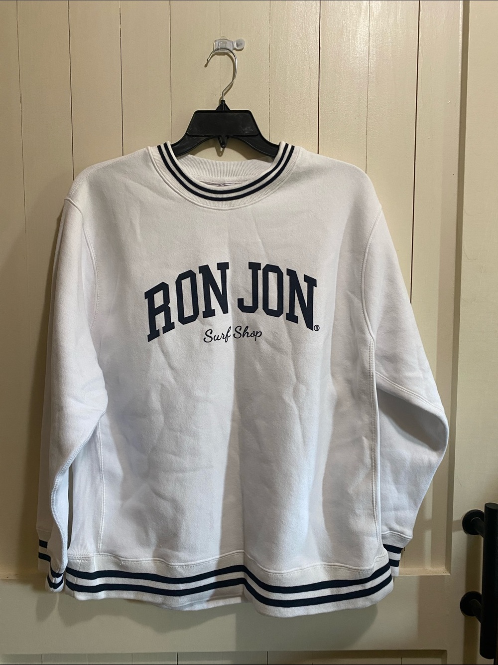Ron Jon White Crewneck Sweatshirt with Navy Logo and Stripes L